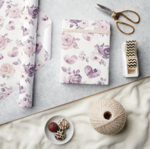 Paarse Roze Bloemen & Hartjes Verjaardag Cadeaupapier