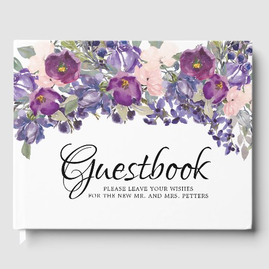 Paarse Roze Bloemen Keepsake Bruiloft Gastenboek (Voorkant)