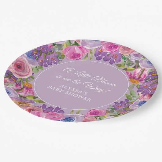 Paarse Roze Bloemen Little Bloom Baby shower Papieren Bordje (Gekanteld)