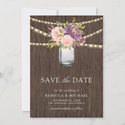 Paarse Roze Bloemen Mason Jar Foto bruiloft Save The Date (Voorkant)