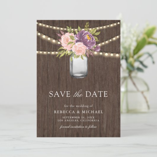 Paarse Roze Bloemen Mason Jar Foto bruiloft Save The Date (Staand voorkant)