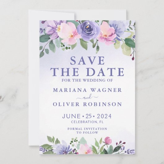 Paarse Roze Bloemen Modern Save the Date Kaart (Voorkant)