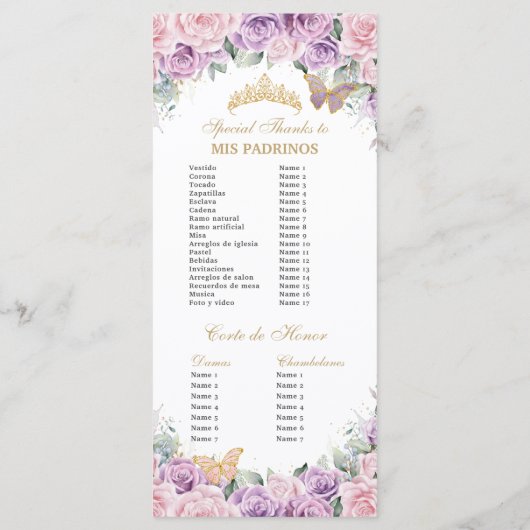 Paarse Roze Bloemen Quinceañera Orde van Evenement Programmakaart (Achterkant)