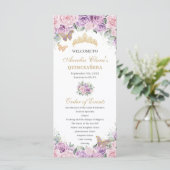 Paarse Roze Bloemen Quinceañera Orde van Evenement Programmakaart (Staand voorkant)