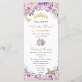 Paarse Roze Bloemen Quinceañera Orde van Evenement Programmakaart (Voorkant)