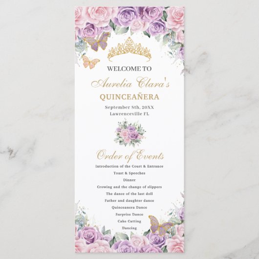Paarse Roze Bloemen Quinceañera Orde van Evenement Programmakaart (Voorkant)