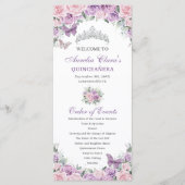 Paarse Roze Bloemen Quinceañera Orde van Evenement Programmakaart (Voorkant)