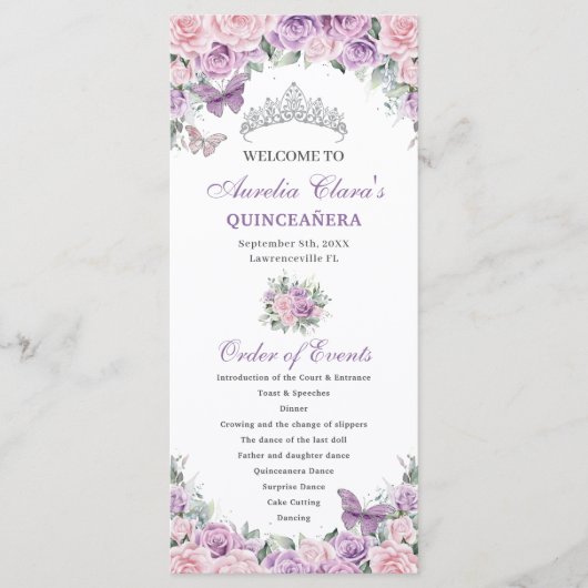 Paarse Roze Bloemen Quinceañera Orde van Evenement Programmakaart (Voorkant)