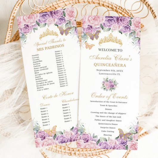 Paarse Roze Bloemen Quinceañera Orde van Evenement Programmakaart