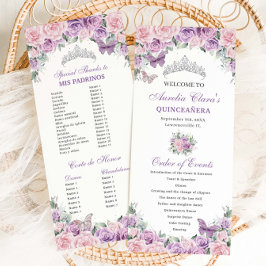 Paarse Roze Bloemen Quinceañera Orde van Evenement Programmakaart
