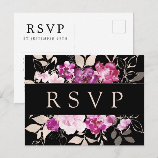 Paarse Roze Bloemen RSVP Briefkaart met Maaltijd K (Voorkant / Achterkant)