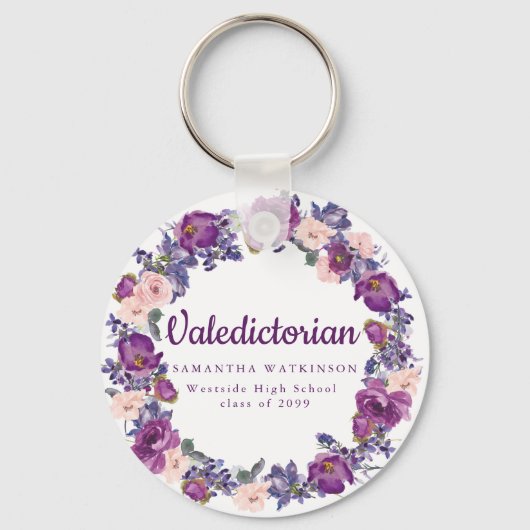 Paarse & Roze Bloemen Valedictoriaanse Afstuderen  Sleutelhanger (Voorkant)