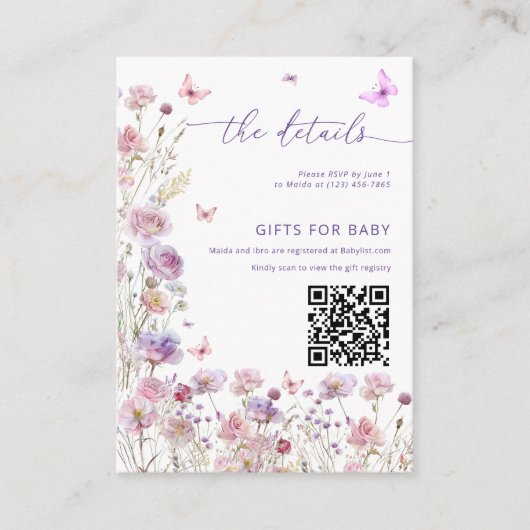 Paarse Roze Bloemen Vlinder Baby shower DETAILS Informatiekaartje (Voorkant)