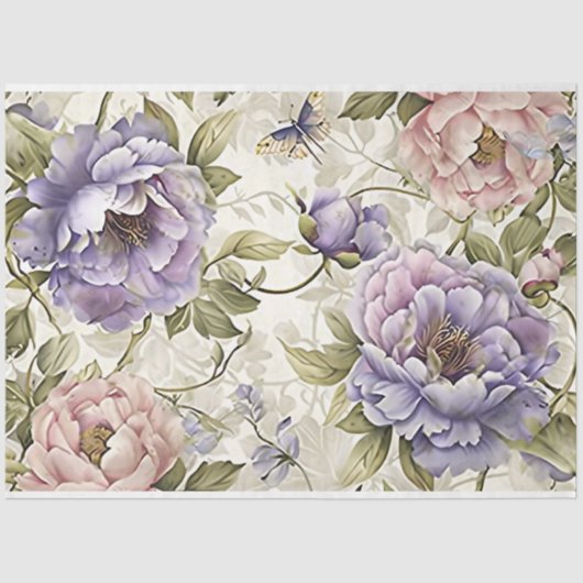  Paarse Roze Bloemen & Vlinder Decoupage Tissuepapier (Voorkant)
