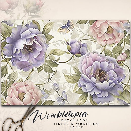 Paarse Roze Bloemen & Vlinder Decoupage Tissuepapier