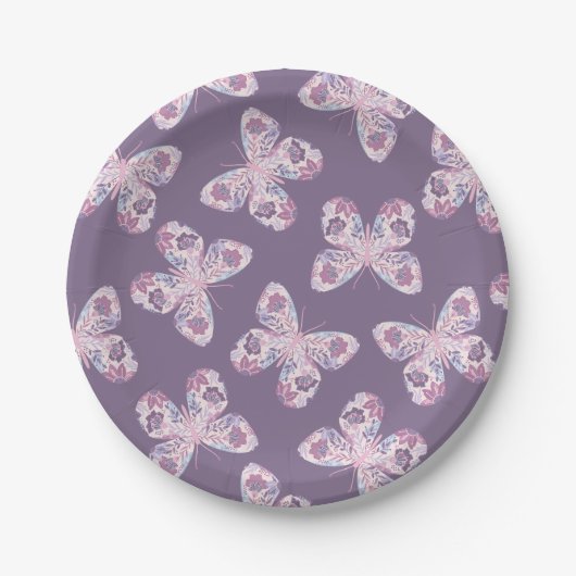Paarse Roze Bloemen Vlinder Patterned Baby shower Papieren Bordje (Voorkant)