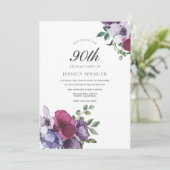 Paarse roze bloemen Waterverf 90e verjaardag Parti Kaart (Staand voorkant)