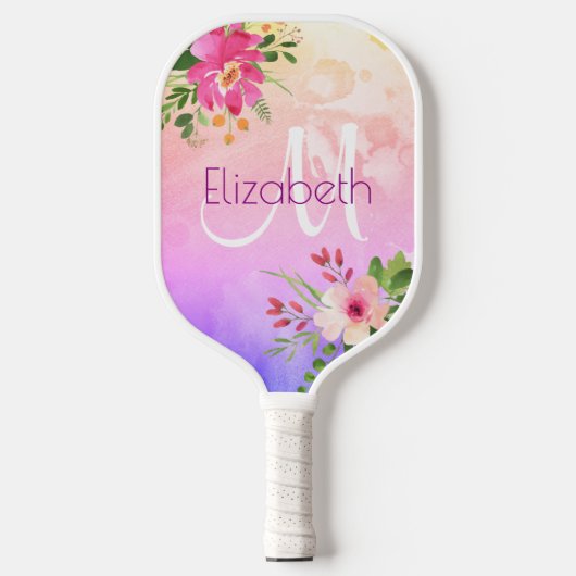 Paarse Roze Bloemen Waterverf Monogram Chic Modern Pickleball Paddle (Voorkant)