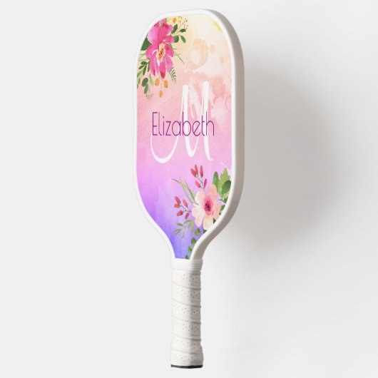 Paarse Roze Bloemen Waterverf Monogram Chic Modern Pickleball Paddle (Links)