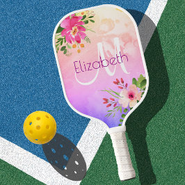 Paarse Roze Bloemen Waterverf Monogram Chic Modern Pickleball Paddle