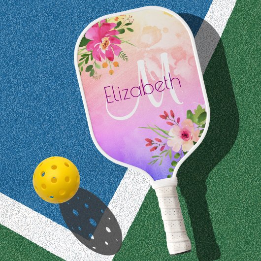 Paarse Roze Bloemen Waterverf Monogram Chic Modern Pickleball Paddle
