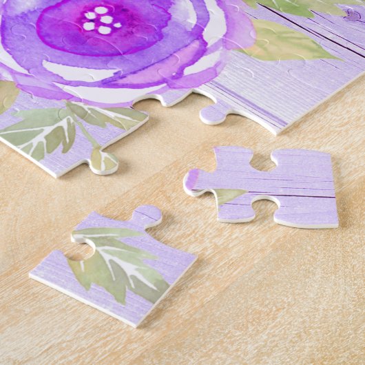 Paarse roze  bloemen waterverf rustiek hout legpuzzel (Zijkant)