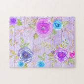Paarse roze  bloemen waterverf rustiek hout legpuzzel (Horizontaal)