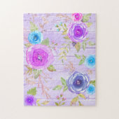 Paarse roze  bloemen waterverf rustiek hout legpuzzel (Verticaal)