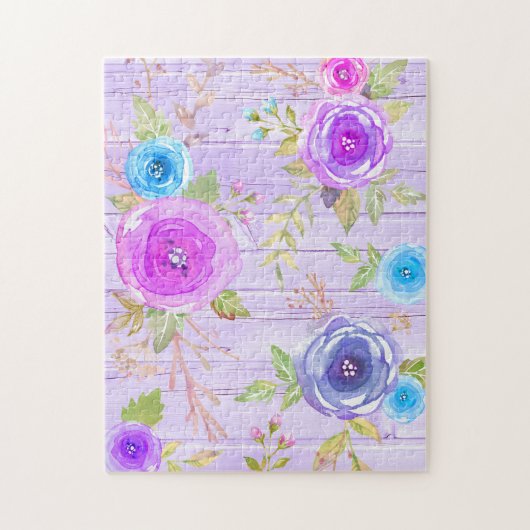 Paarse roze  bloemen waterverf rustiek hout legpuzzel (Verticaal)
