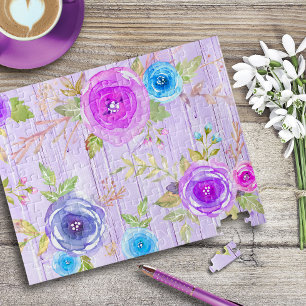 Paarse roze  bloemen waterverf rustiek hout legpuzzel