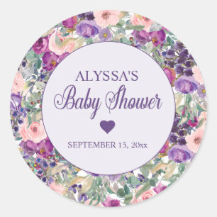 Paarse Roze Bloemenkleed Meisje Baby Shower Ronde Sticker