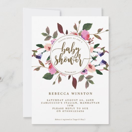 paarse roze bloemenkrans baby shower Uitnodigen Kaart (Voorkant)