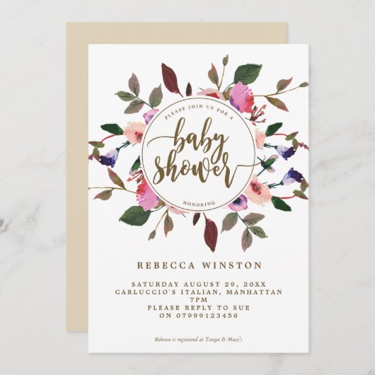 paarse roze bloemenkrans baby shower Uitnodigen Kaart (Voorkant / Achterkant)