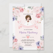 Paarse & Roze Bloemenmeisje 1e Heilige Communie Kaart (Voorkant)