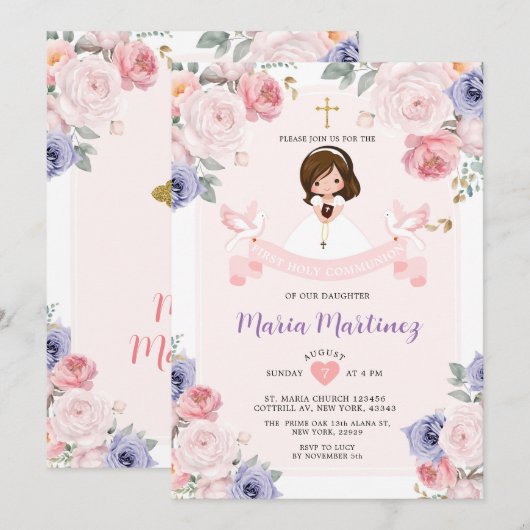 Paarse & Roze Bloemenmeisje 1e Heilige Communie Kaart (Voorkant / Achterkant)