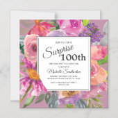 Paarse-roze bloemenplein 100e verjaardag magnetische uitnodiging (Voorkant)