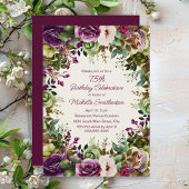 Paarse roze bloemgroen blad 75e verjaardag kaart