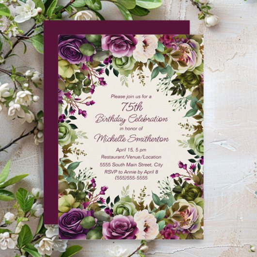 Paarse roze bloemgroen blad 75e verjaardag kaart