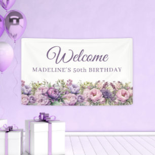 Paarse Roze Bloemige 50e Verjaardag Welkom Spandoek