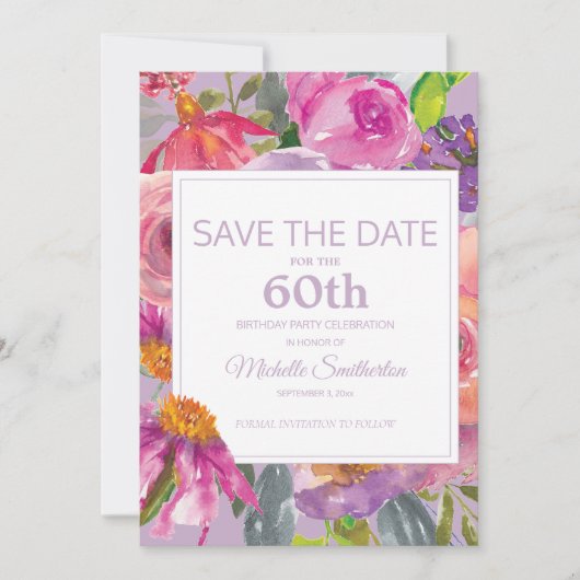 Paarse Roze Bloemige 60e Verjaardag Bewaar Datum Save The Date (Voorkant)