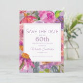 Paarse Roze Bloemige 60e Verjaardag Bewaar Datum Save The Date (Staand voorkant)