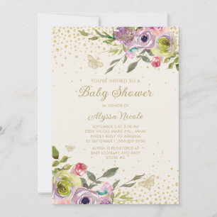 Paarse Roze Bloemige Gouden Glitter Vlinders Baby Kaart