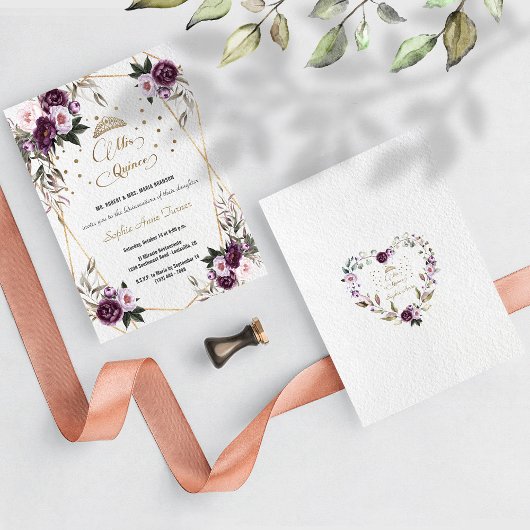 Paarse Roze Bloemige Gouden Mis Quince Quinceañera Kaart