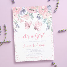 Paarse Roze Bloemige Vlinder Meisje Baby Shower