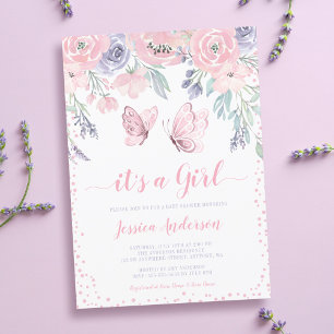 Paarse Roze Bloemige Vlinder Meisje Baby Shower Kaart