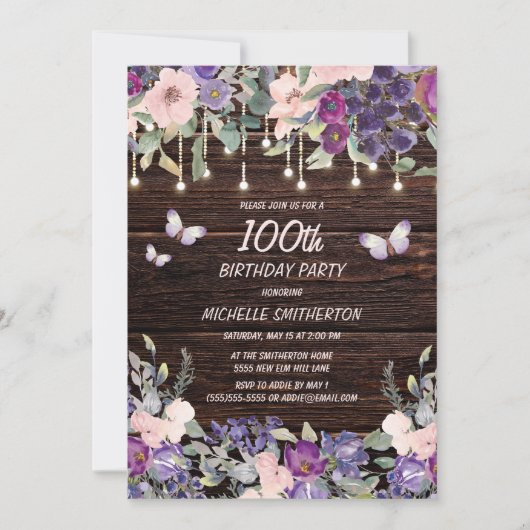Paarse Roze Bloemige Vlinder Rustieke 100ste Verja Kaart (Voorkant)