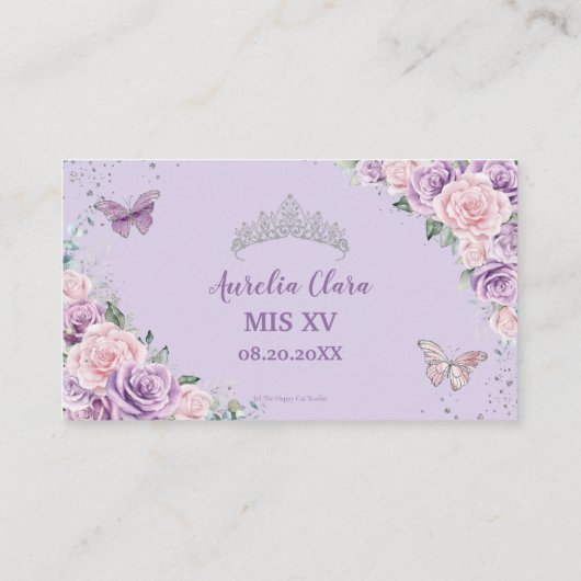 Paarse Roze Bloemige Zilveren Quinceañera Ontvangs Informatiekaartje (Achterkant)