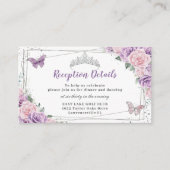 Paarse Roze Bloemige Zilveren Quinceañera Ontvangs Informatiekaartje (Voorkant)