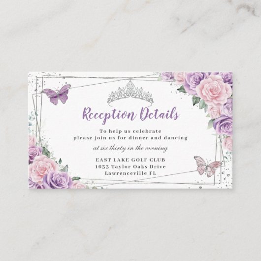 Paarse Roze Bloemige Zilveren Quinceañera Ontvangs Informatiekaartje (Voorkant)