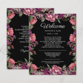 Paarse Roze Bloemige Zwarte Trouw Welkom  Informatiekaartje (Voorkant / Achterkant)
